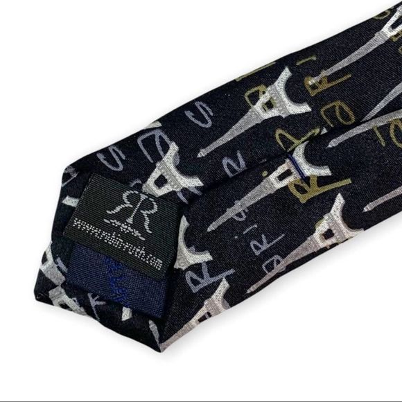 Robin Ruth Black Silky Paris Eiffel Tower Theme Men's Tie One Size Silver Gold - Picture 4 of 4
